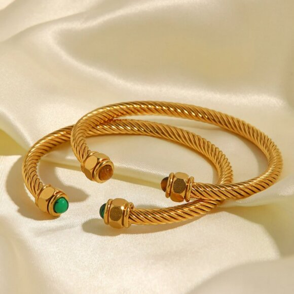 Natural Lapislazuli Stainless Steel Rib Bracelet Stainless Steel 14K Gold P - Picture 2 of 2